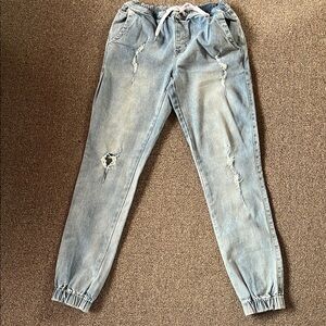 Blue Denim Joggers with Elastic Waistband and Cuffs. Distressed Design NWOT’s